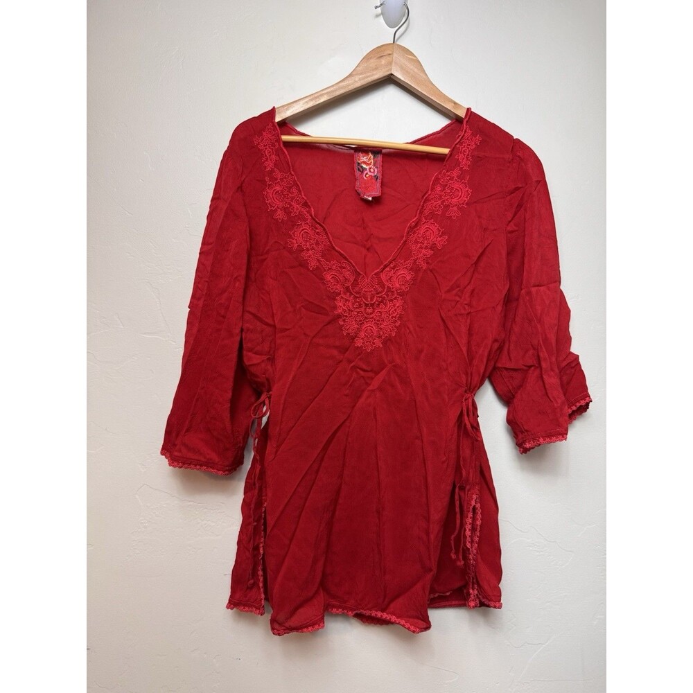 Johnny Was Women's L Red Embroidered V Neck 3/4 Sleeve Tunic Sheer Luxury Boho
